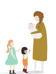 悩んでる母親と3人の子供のイラスト