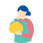 お財布を持って悩む主婦のイラスト