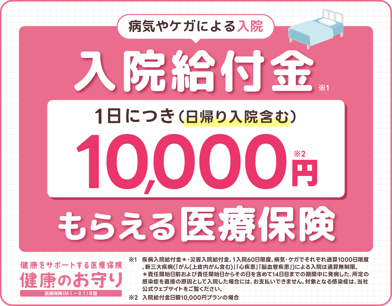 入院給付金一日につき（日帰り入院含む）1万円もらえる医療保険