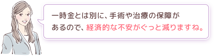 一時金とは別に、手術や治療の保障があるので、経済的な不安がぐっと減りますね。