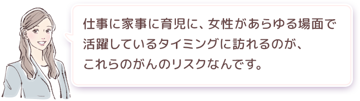 仕事に家事に育児に、女性があらゆる場面で活躍しているタイミングに訪れるのが、これらのがんのリスクなんです。