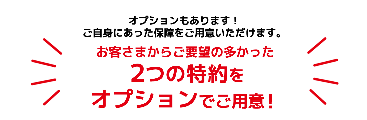 オプションもあります！ ご自身にあった保障をご用意いただけます。お客さまからご要望の多かった２つの特約をオプションでご用意！
