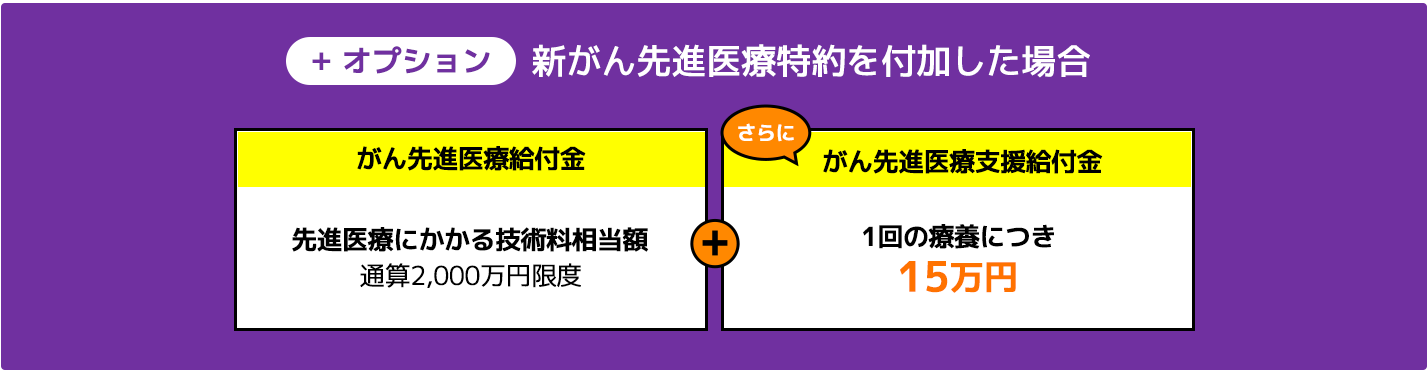 +オプション新がん先進医療特約を付加した場合。がん先進医療給付金、先進医療にかかる技術料相当額、通算2,000万円限度。さらに、がん先進医療支援給付金、1回の療養につき、15万円。