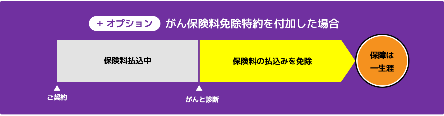 +オプションがん保険料免除特約を付加した場合。ご契約からがんと診断されるまで保険料払込。がんと診断後、保険料の払込を免除。保障は一生涯。