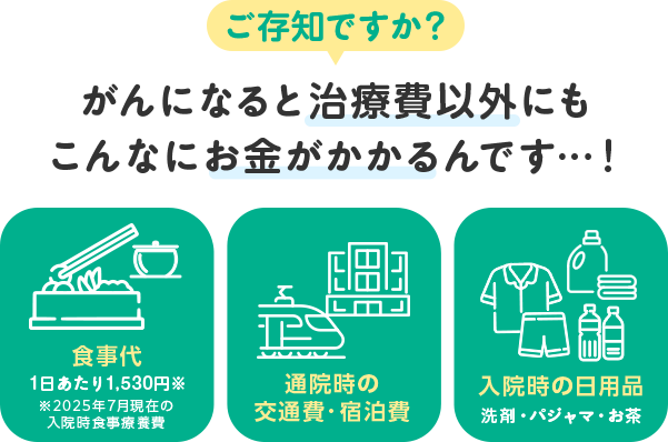 ご存知ですか？がんになると治療費以外にもこんなにお金がかかるんです…！食事代1日あたり1,530円 ※2025年7月現在の入院時食事療養費 通院時の交通費・宿泊費 入院時の日用品 洗剤・パジャマ・お茶